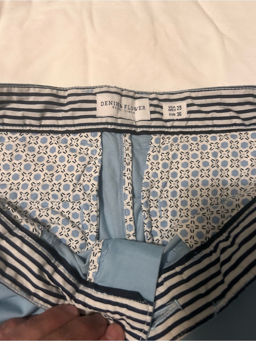 Denim & Flower Light Blue Men’s Flat Front Shorts with Navy Stripe Waistband